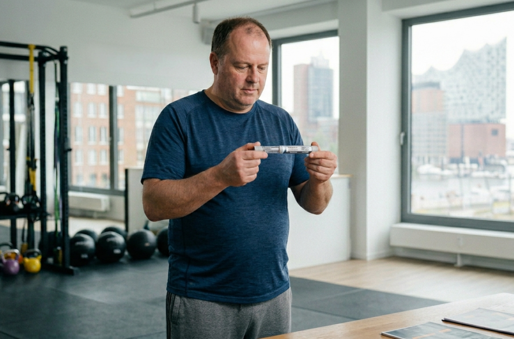 Ein Mann lässt sich beim Personal Trainer in Hamburg zum Thema Abnehmspritze und Gewichtsreduktion im Fitnessstudio beraten.