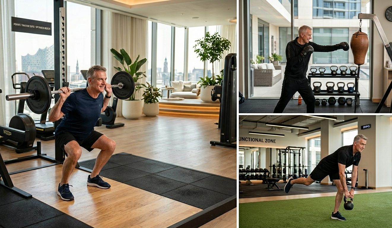 Premium Personal Training in Hamburg für CEOs, Vorstände und High Performer. Ein sportlicher Manager trainiert Kniebeugen mit der Langhantel und Boxen in einem exklusiven Fitnessstudio mit Blick auf die Elbphilharmonie.